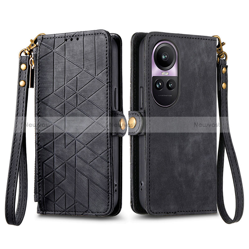 Leather Case Stands Flip Cover Holder S17D for Oppo Reno10 Pro 5G Black