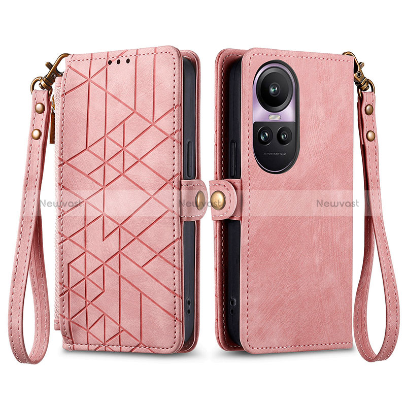 Leather Case Stands Flip Cover Holder S17D for Oppo Reno10 Pro 5G Pink