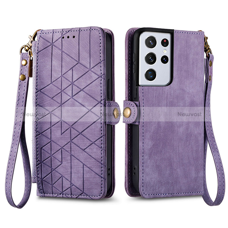 Leather Case Stands Flip Cover Holder S17D for Samsung Galaxy S22 Ultra 5G Purple