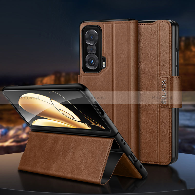 Leather Case Stands Flip Cover Holder SD1 for Huawei Honor Magic V 5G Brown