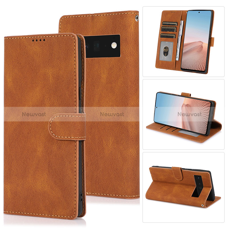 Leather Case Stands Flip Cover Holder SY1 for Google Pixel 6 5G Brown