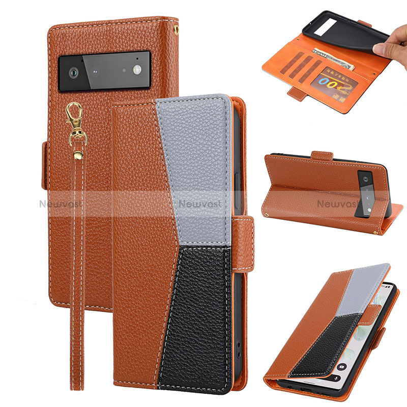 Leather Case Stands Flip Cover Holder SY2 for Google Pixel 6a 5G Brown