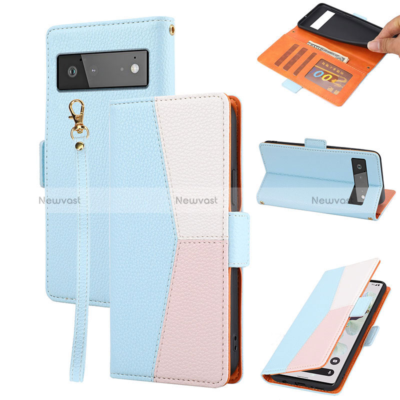 Leather Case Stands Flip Cover Holder SY2 for Google Pixel 6a 5G Sky Blue