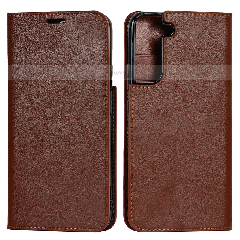 Leather Case Stands Flip Cover Holder T01D for Samsung Galaxy S21 FE 5G Light Brown