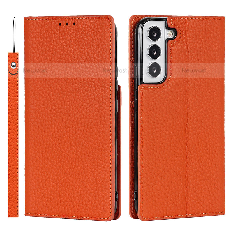 Leather Case Stands Flip Cover Holder T02D for Samsung Galaxy S22 5G Orange