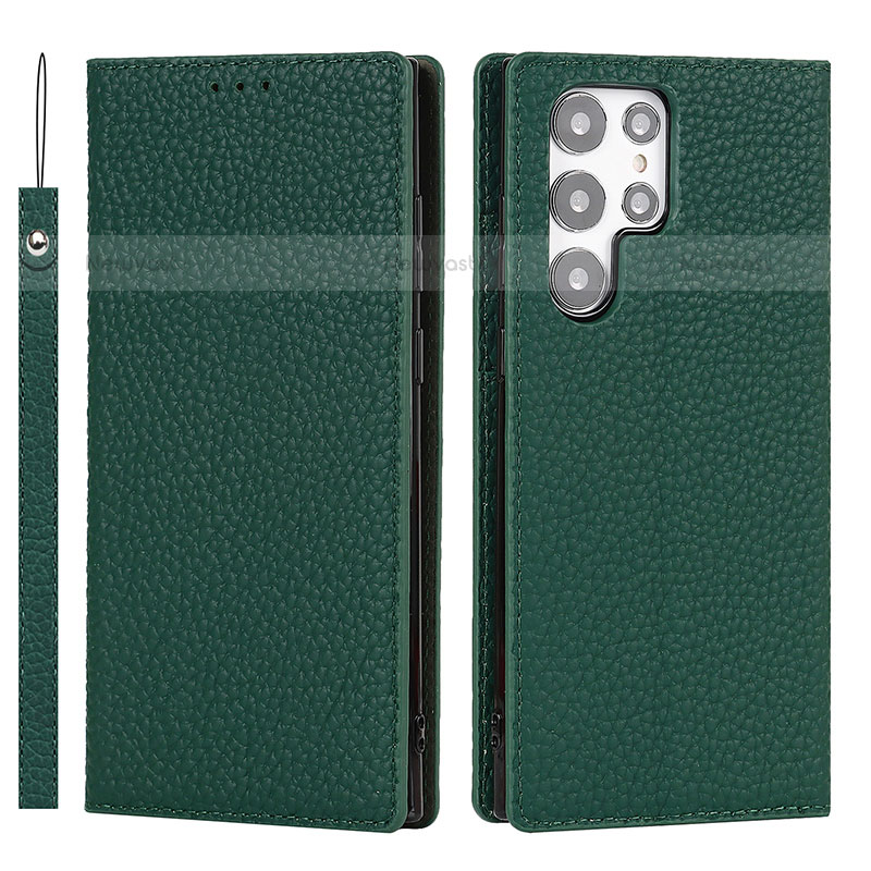 Leather Case Stands Flip Cover Holder T02D for Samsung Galaxy S23 Ultra 5G Green