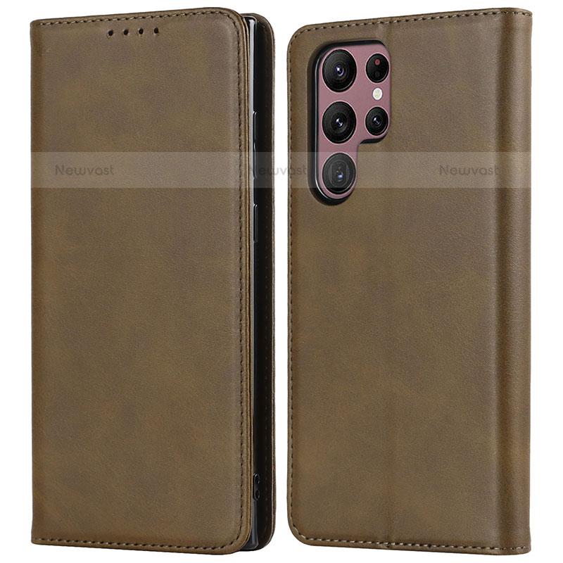 Leather Case Stands Flip Cover Holder T04D for Samsung Galaxy S22 Ultra 5G Khaki