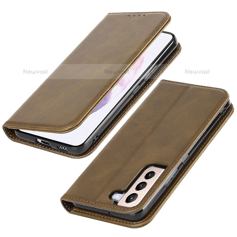 Leather Case Stands Flip Cover Holder T06D for Samsung Galaxy S21 Plus 5G Light Brown