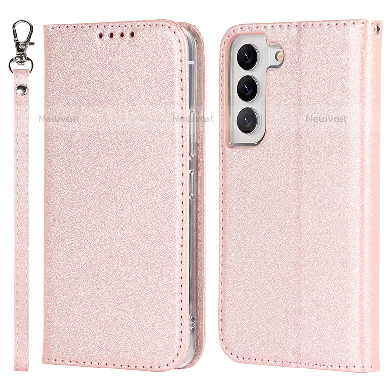 Leather Case Stands Flip Cover Holder T08D for Samsung Galaxy S22 5G Rose Gold