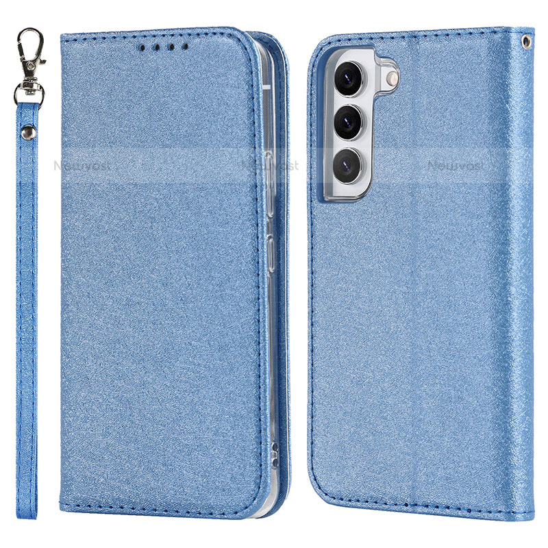 Leather Case Stands Flip Cover Holder T08D for Samsung Galaxy S22 Plus 5G Blue