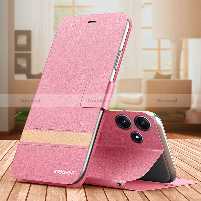 Leather Case Stands Flip Cover Holder TB1 for Xiaomi Poco M6 Pro 5G Hot Pink