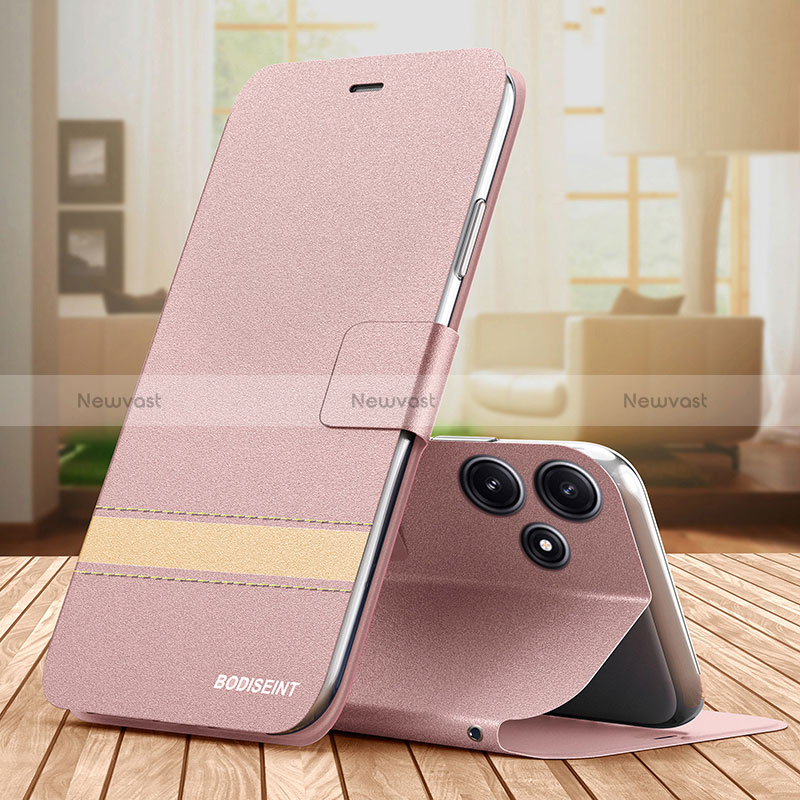 Leather Case Stands Flip Cover Holder TB1 for Xiaomi Poco M6 Pro 5G Rose Gold