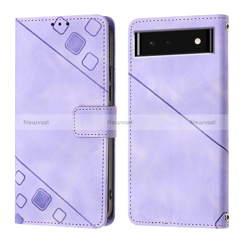 Leather Case Stands Flip Cover Holder Y01B for Google Pixel 6 5G Purple