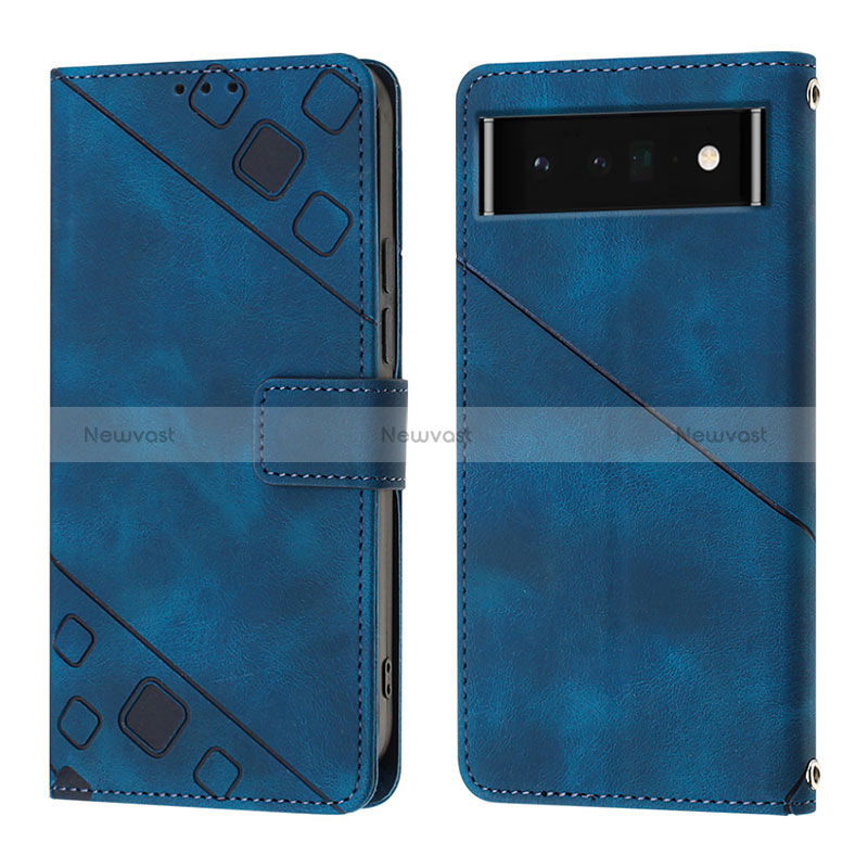 Leather Case Stands Flip Cover Holder Y01B for Google Pixel 6 Pro 5G Blue