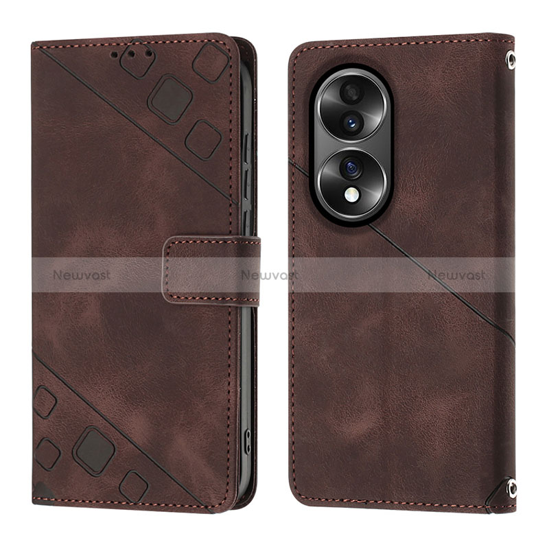 Leather Case Stands Flip Cover Holder Y01B for Huawei Honor 70 5G Brown