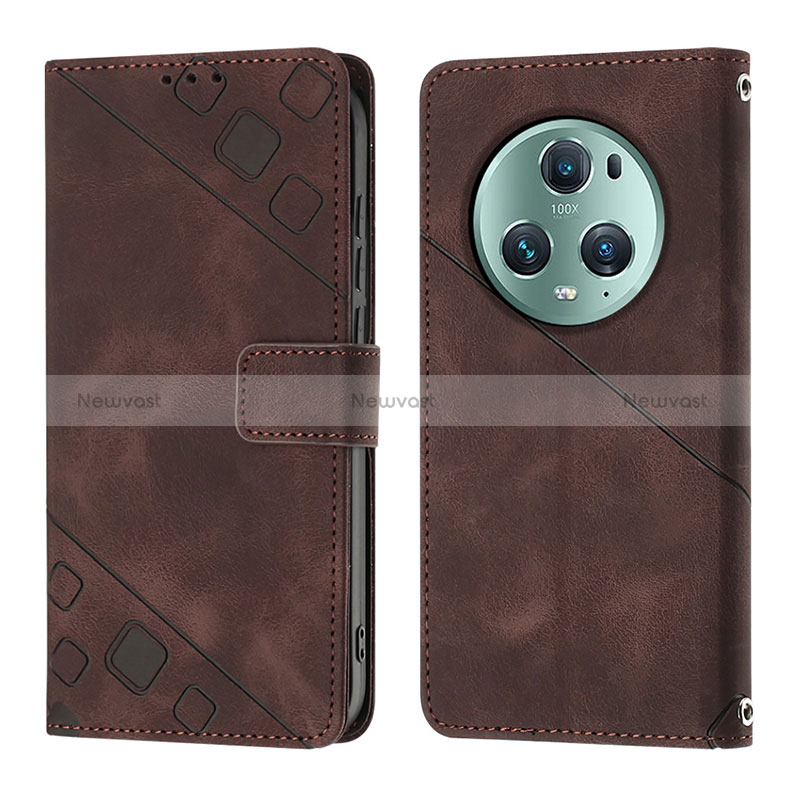 Leather Case Stands Flip Cover Holder Y01B for Huawei Honor Magic5 Pro 5G Brown