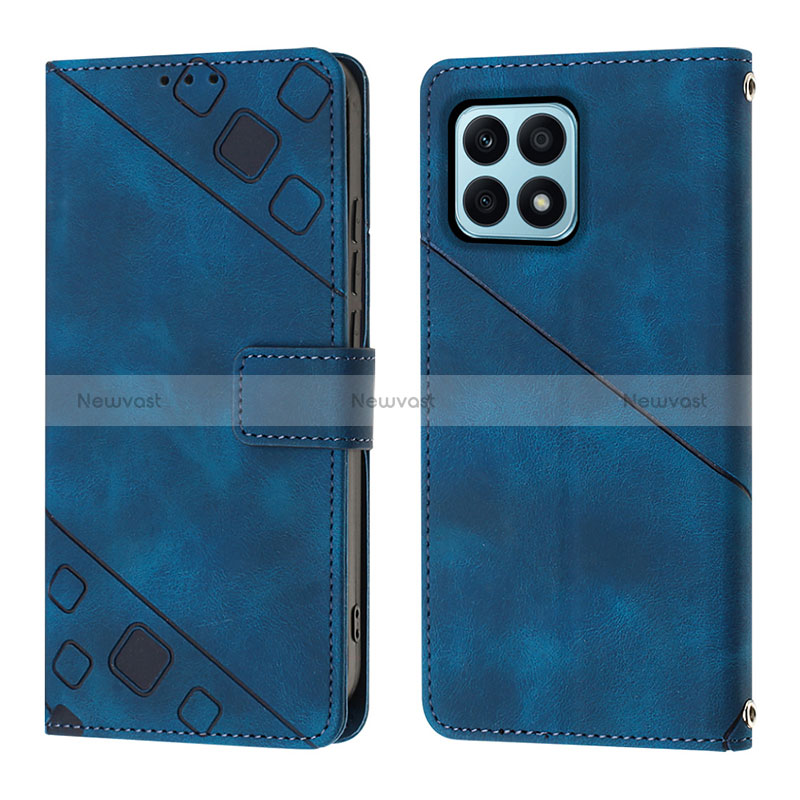 Leather Case Stands Flip Cover Holder Y01B for Huawei Honor X8a 4G Blue