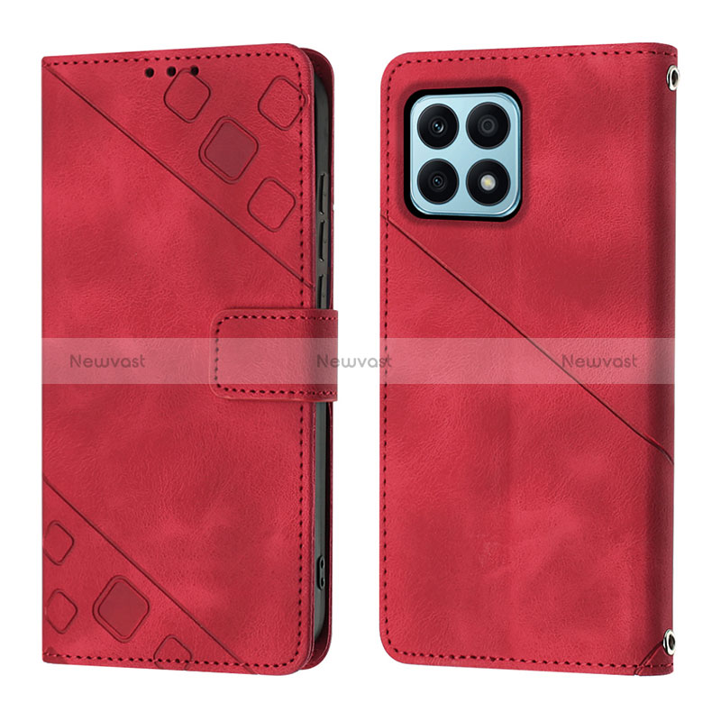 Leather Case Stands Flip Cover Holder Y01B for Huawei Honor X8a 4G Red