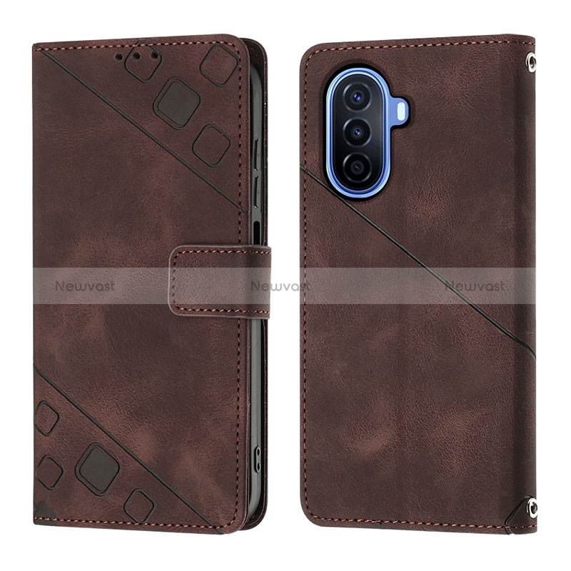 Leather Case Stands Flip Cover Holder Y01B for Huawei Nova Y70 Brown