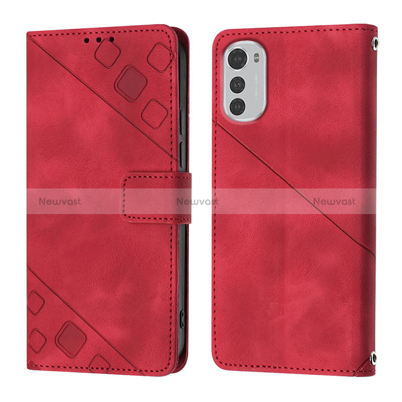 Leather Case Stands Flip Cover Holder Y01B for Motorola Moto E32 Red