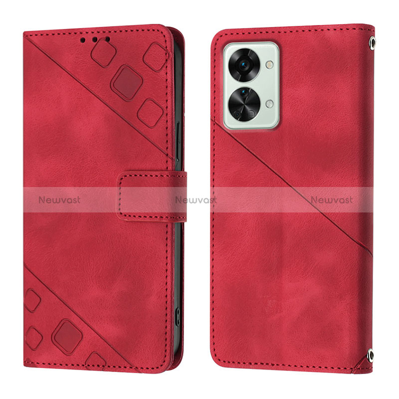 Leather Case Stands Flip Cover Holder Y01B for OnePlus Nord 2T 5G Red