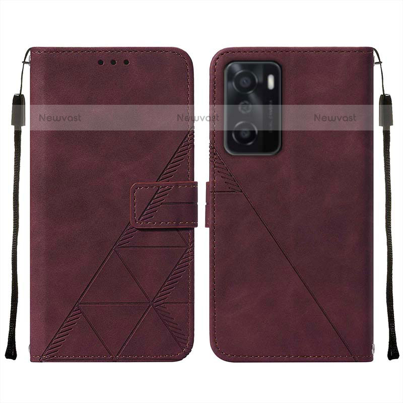 Leather Case Stands Flip Cover Holder Y01B for Oppo A55S 5G Red Wine