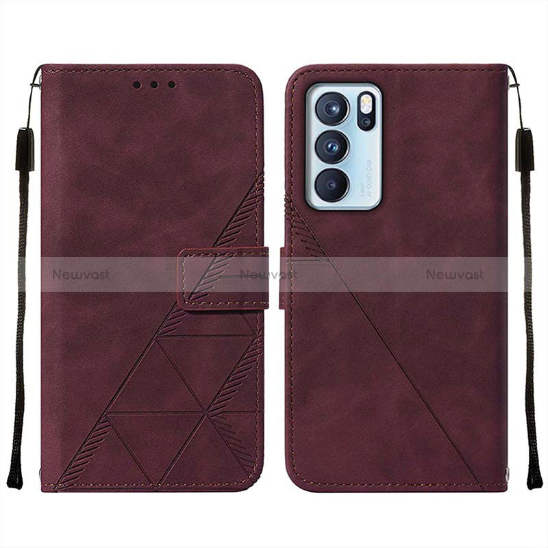 Leather Case Stands Flip Cover Holder Y01B for Oppo Reno6 Pro 5G India Red Wine