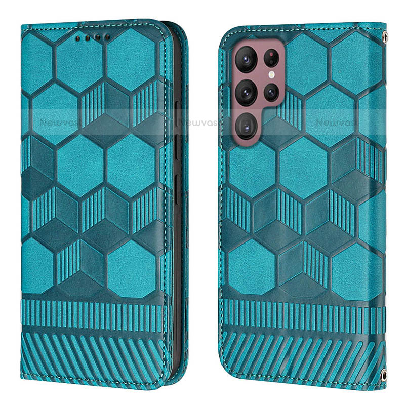 Leather Case Stands Flip Cover Holder Y01B for Samsung Galaxy S22 Ultra 5G Cyan