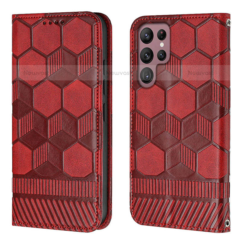 Leather Case Stands Flip Cover Holder Y01B for Samsung Galaxy S22 Ultra 5G Red