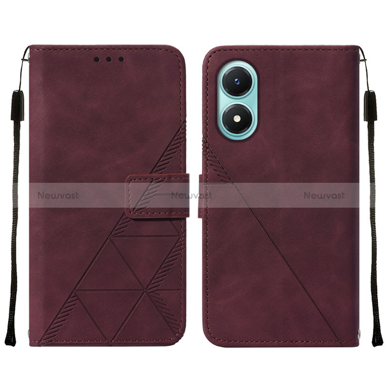 Leather Case Stands Flip Cover Holder Y01B for Vivo Y02S Red Wine