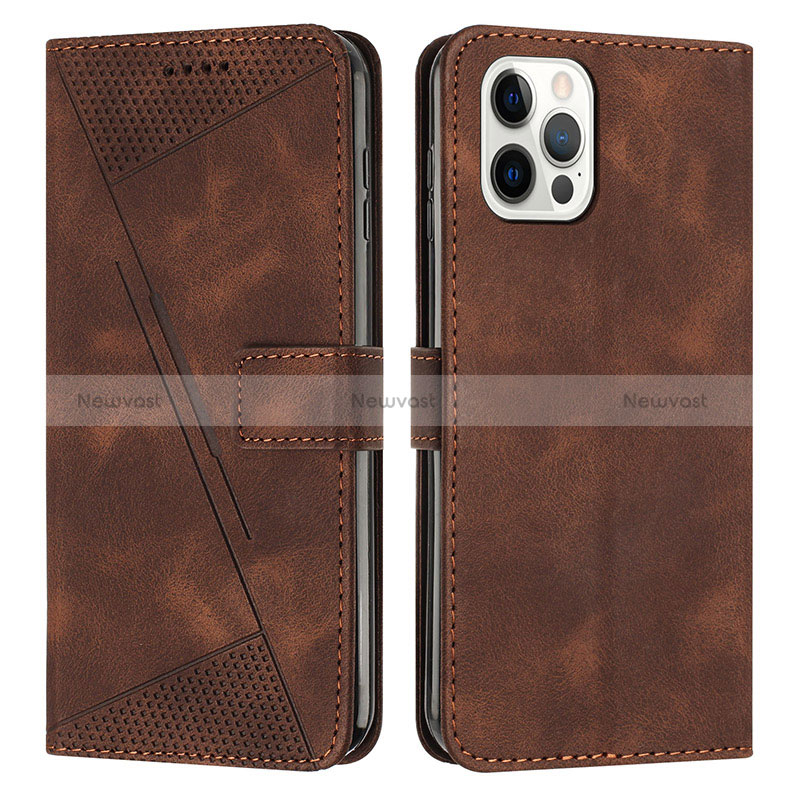 Leather Case Stands Flip Cover Holder Y01X for Apple iPhone 15 Pro Brown