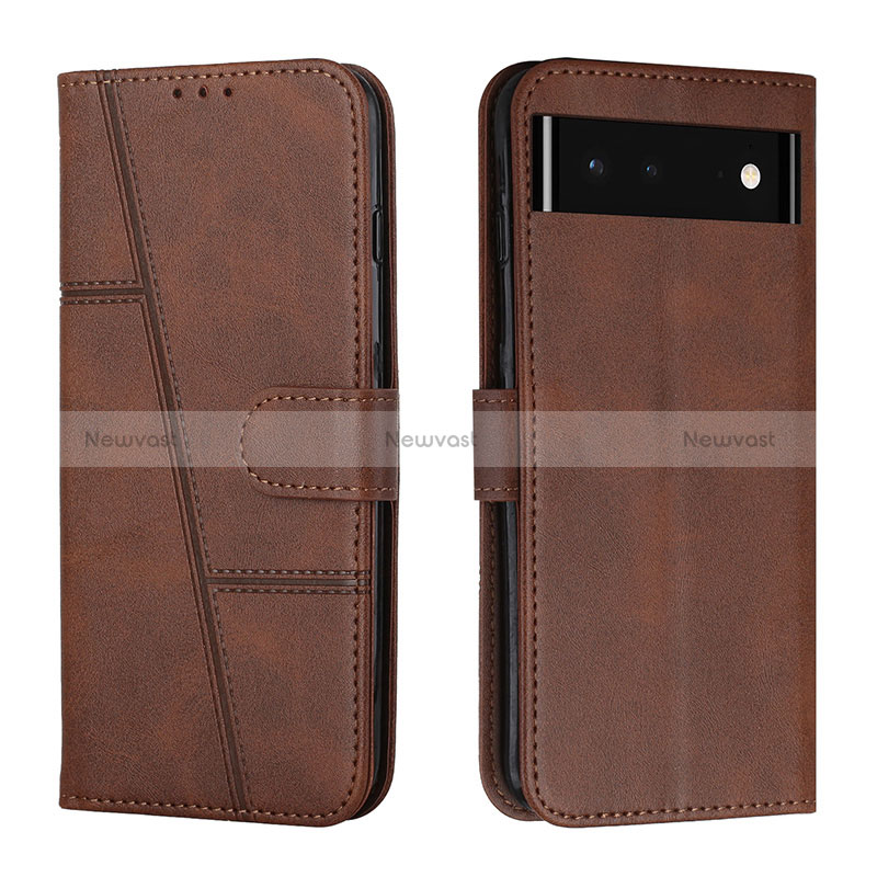 Leather Case Stands Flip Cover Holder Y01X for Google Pixel 6 5G Brown