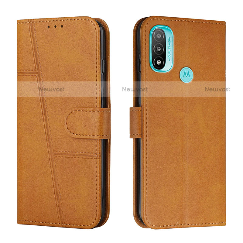 Leather Case Stands Flip Cover Holder Y01X for Motorola Moto E20 Light Brown