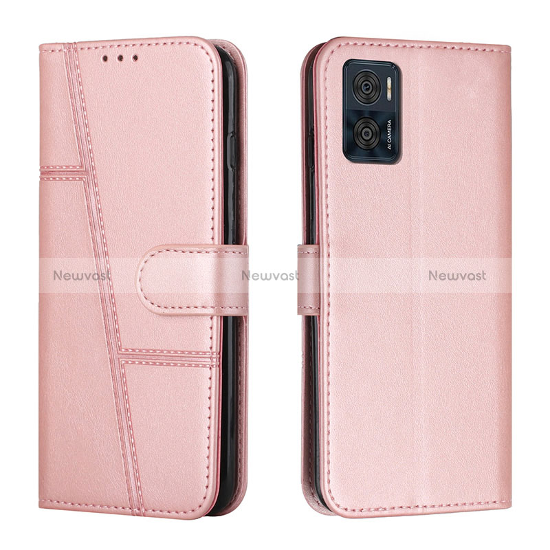 Leather Case Stands Flip Cover Holder Y01X for Motorola Moto E22i Rose Gold