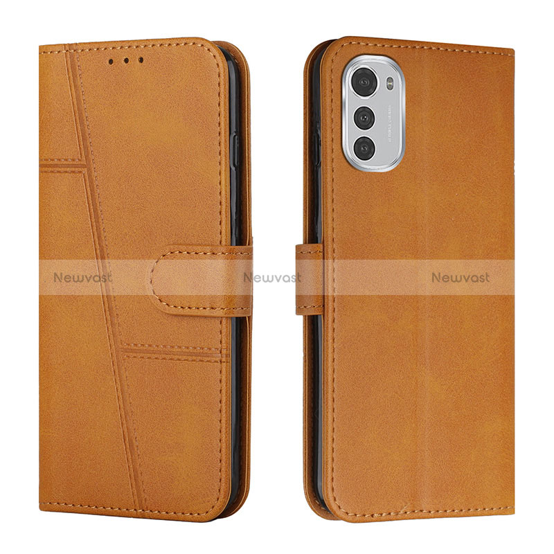 Leather Case Stands Flip Cover Holder Y01X for Motorola Moto E32 Light Brown