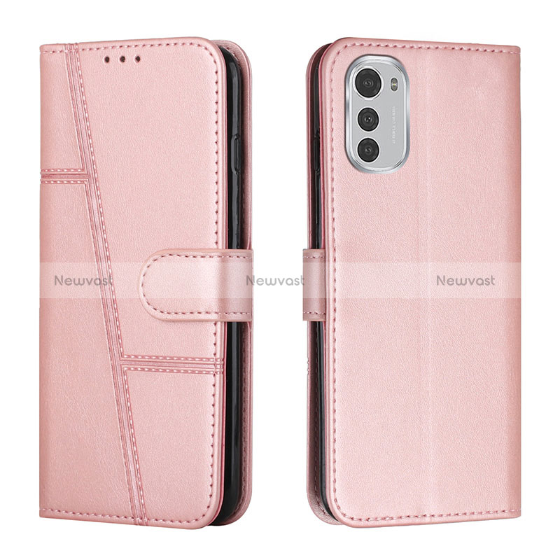 Leather Case Stands Flip Cover Holder Y01X for Motorola Moto E32s Rose Gold