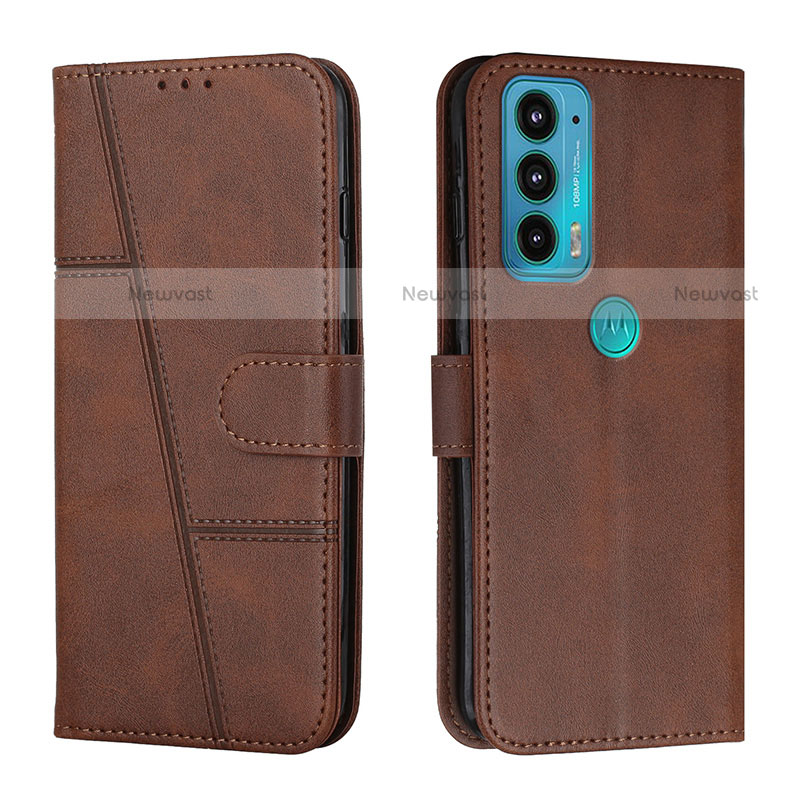 Leather Case Stands Flip Cover Holder Y01X for Motorola Moto Edge 20 5G Brown