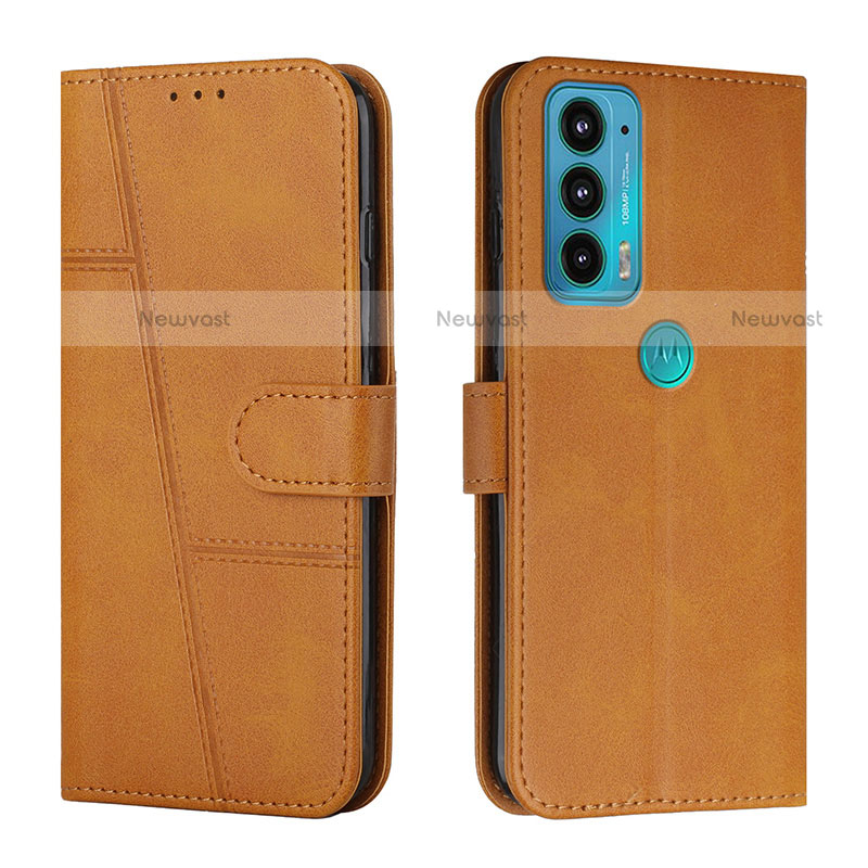 Leather Case Stands Flip Cover Holder Y01X for Motorola Moto Edge 20 5G Light Brown