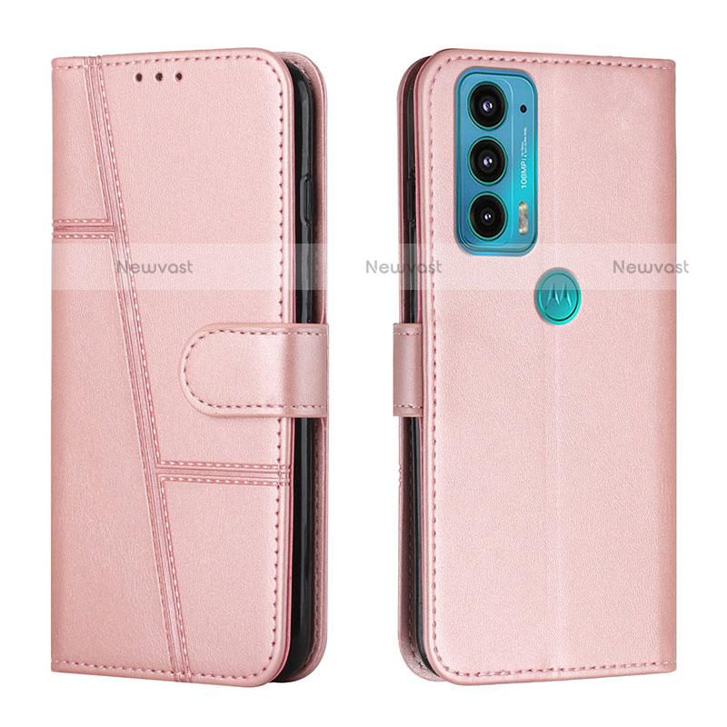 Leather Case Stands Flip Cover Holder Y01X for Motorola Moto Edge Lite 5G Rose Gold