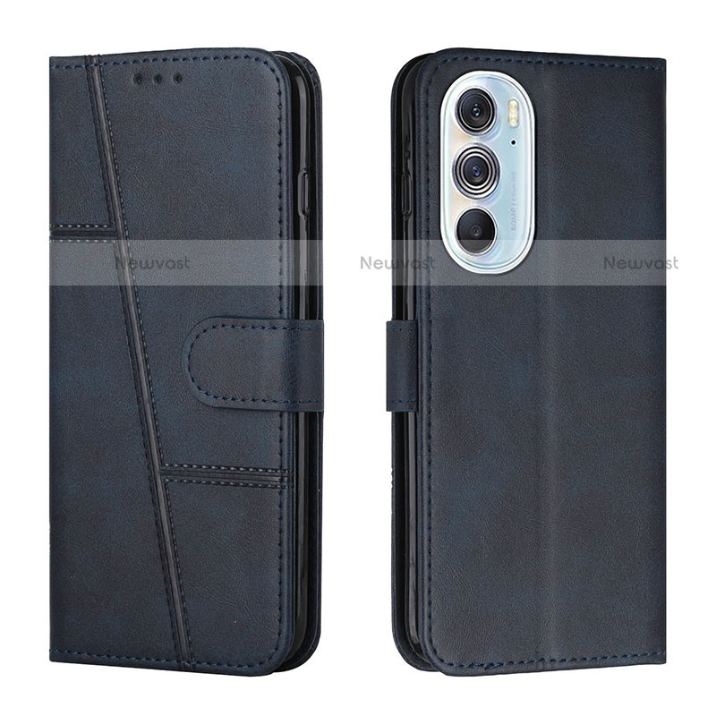 Leather Case Stands Flip Cover Holder Y01X for Motorola Moto Edge Plus (2022) 5G Blue