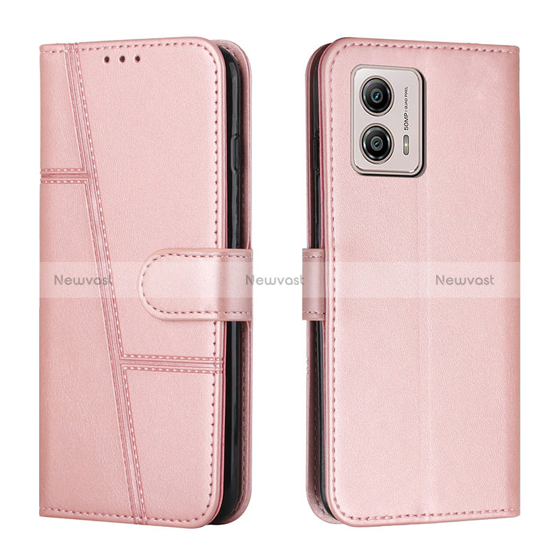 Leather Case Stands Flip Cover Holder Y01X for Motorola Moto G53j 5G Rose Gold