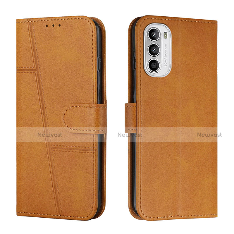 Leather Case Stands Flip Cover Holder Y01X for Motorola Moto G71s 5G Light Brown