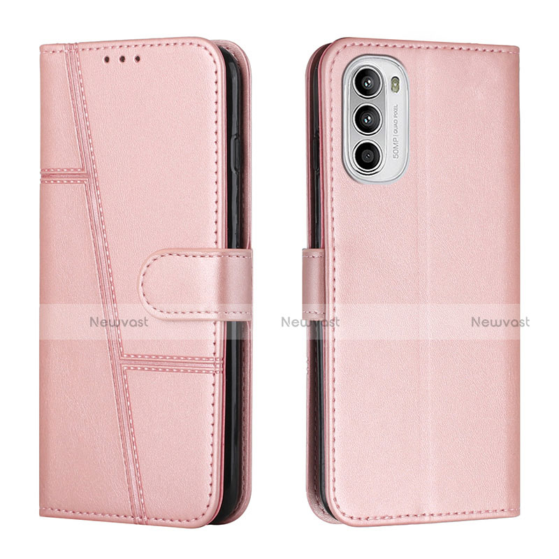 Leather Case Stands Flip Cover Holder Y01X for Motorola Moto G82 5G Rose Gold