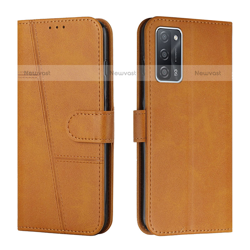 Leather Case Stands Flip Cover Holder Y01X for Oppo A55 5G Light Brown