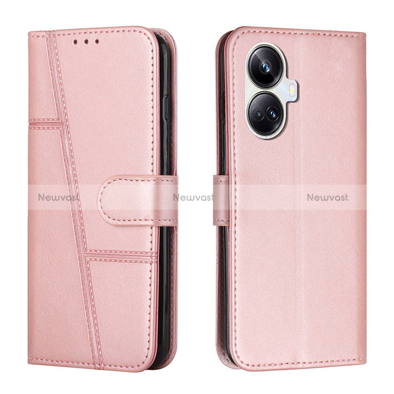 Leather Case Stands Flip Cover Holder Y01X for Realme 10 Pro+ Plus 5G Rose Gold