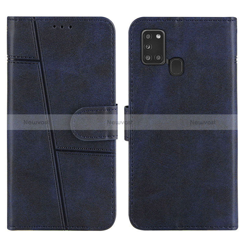 Leather Case Stands Flip Cover Holder Y01X for Samsung Galaxy A21s Blue