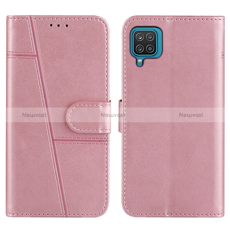 Leather Case Stands Flip Cover Holder Y01X for Samsung Galaxy M12 Rose Gold