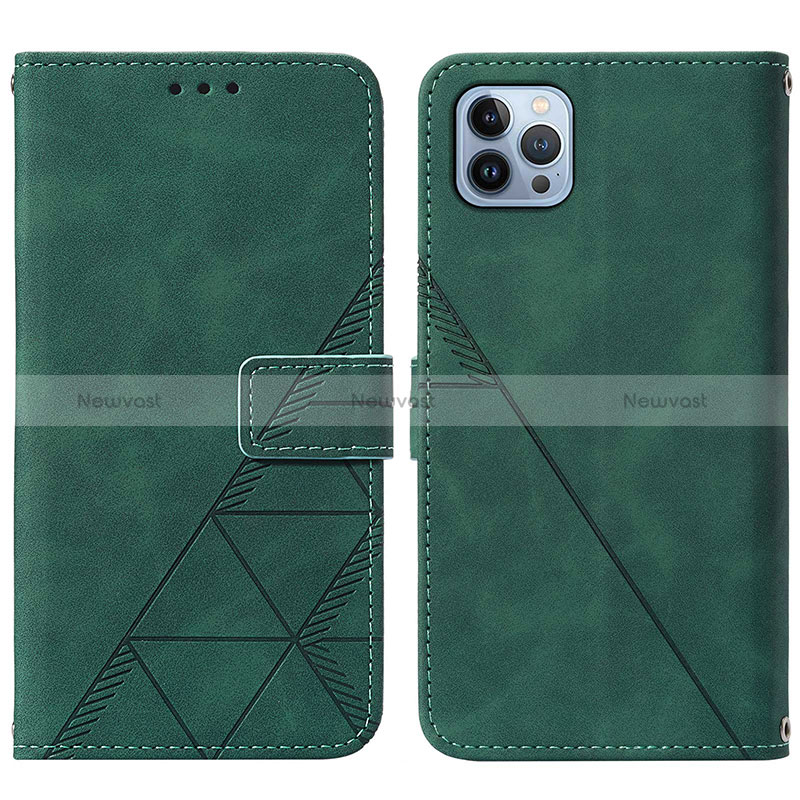 Leather Case Stands Flip Cover Holder Y02B for Apple iPhone 14 Pro Green