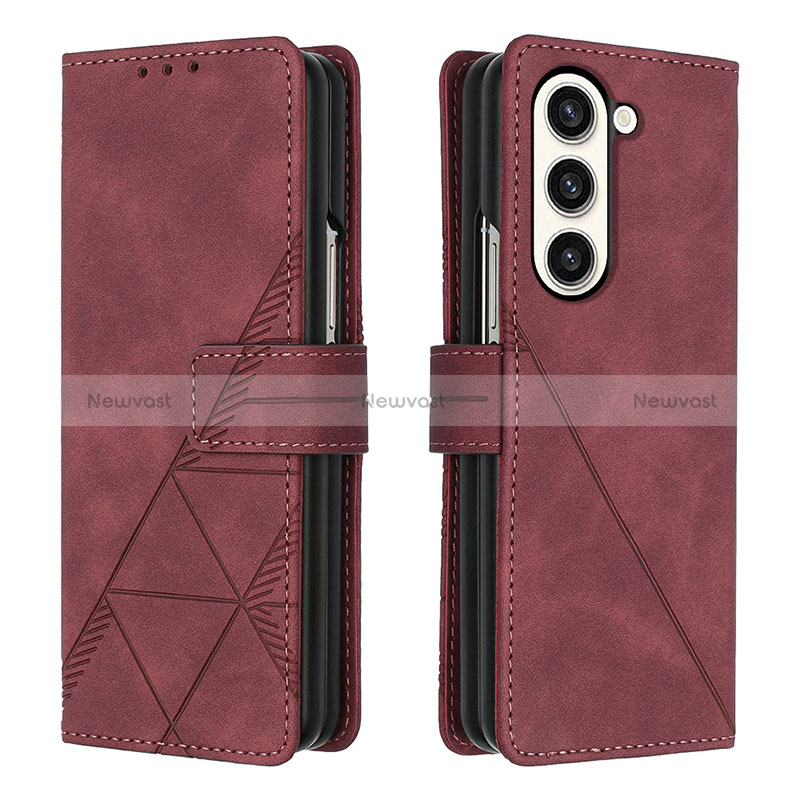 Leather Case Stands Flip Cover Holder Y02B for Samsung Galaxy Z Fold5 5G Red Wine