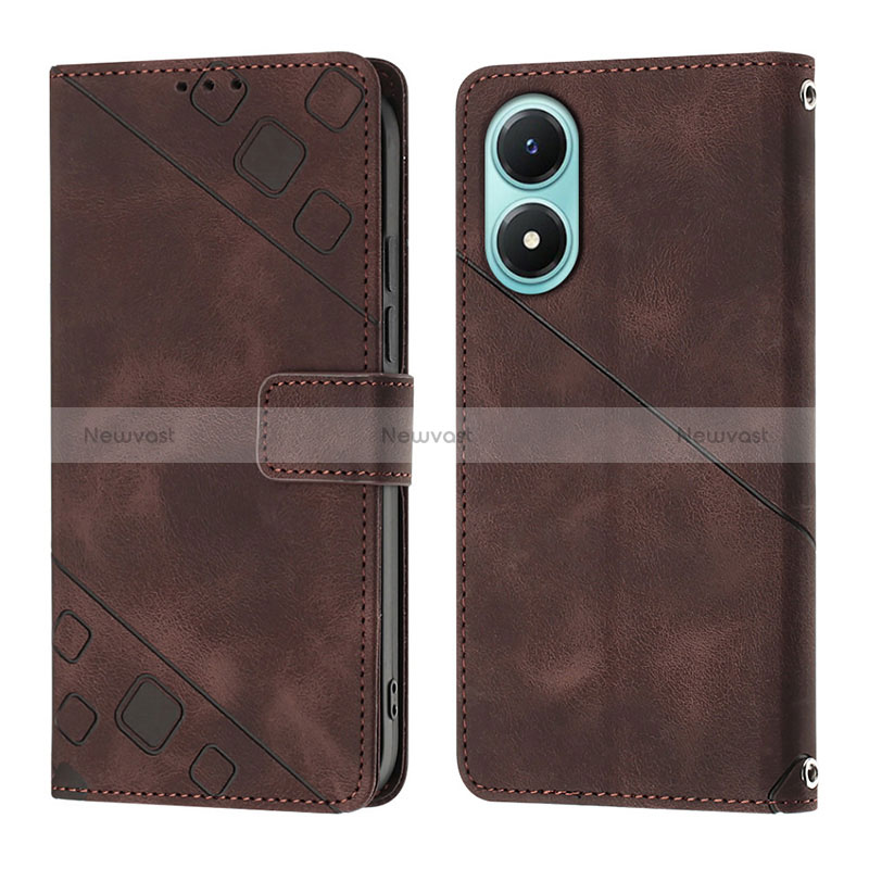 Leather Case Stands Flip Cover Holder Y02B for Vivo Y02S Brown